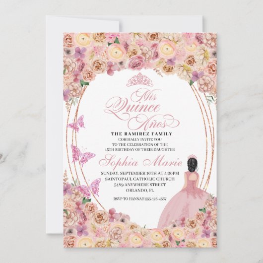 Rosa Pfirsichpfirsich Quinceanera Geburtstag Einladung (Vorderseite)