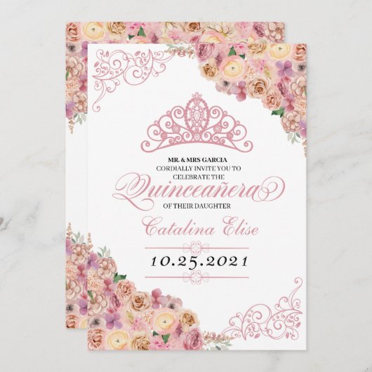 Rosa Pfirsichpfirsich Quinceanera Geburtstag Einladung (Vorne/Hinten)