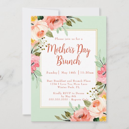 Rosa Pfirsichpfirsichpfeife Blumenbrunch Muttertag Einladung (Vorderseite)