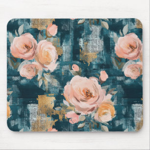 Rosa Pfirsichrosen Teal Maximalist Floral Mousepad