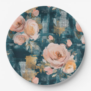 Rosa Pfirsichrosen Teal Maximalist Floral Pappteller
