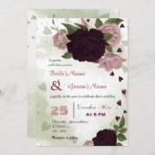 Rosa Pflaume Bordeaux Blume Grüne Hochzeit Einladung (Vorne/Hinten)