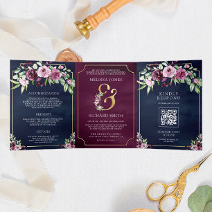 Rosa Pflaumen-Blumen-Et-Zeichen-Navy-QR-Code-Hochz Dreifach Gefaltete Einladung