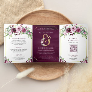 Rosa Pflaumen-Blumen-Et-Zeichen QR-Code-Hochzeit Dreifach Gefaltete Einladung