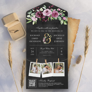 Rosa Pflaumen-Blumen-Et-Zeichen QR-Code Schwarze H All In One Einladung