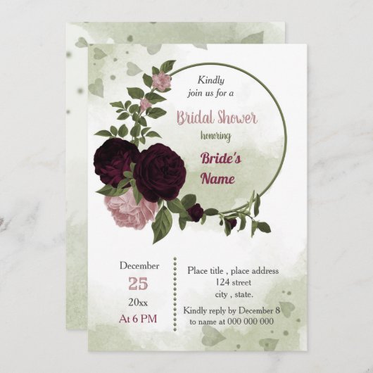 Rosa Pflaumenbordeauxfarbene Blume Brautparty Einladung (Vorne/Hinten)