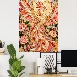 Rosa Phönix mit Rosen – Glasmalerei Blumenkunst Poster