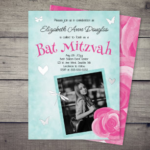 Rosa Pink, Aqua Blau, Silber Charms Bat Mitzvah Folieneinladung