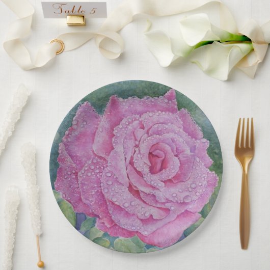 Rosa Pink mit Regentropfen Pappteller (Hochzeit)
