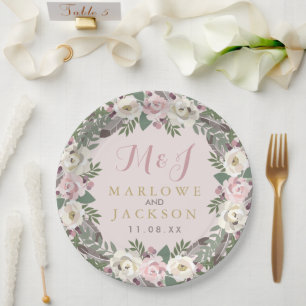 Rosa Pink Moody Floral Boho Hochzeits-Monogramm Pappteller