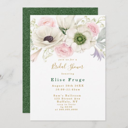 Rosa Pink Peony Anemone Gold Brautparty Einladung (Vorne/Hinten)