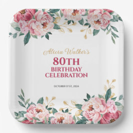 Rosa Pink Peony Blume Gold Leaf Geburtstag Pappteller