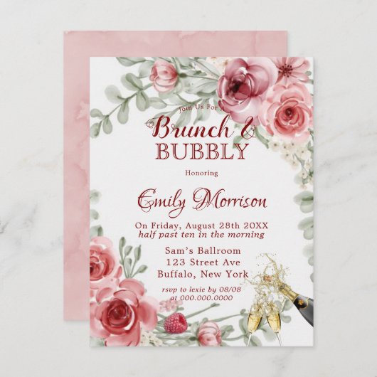 Rosa Pink Peony Champagne Brunch & Bubbly Inv Einladung (Vorne/Hinten)