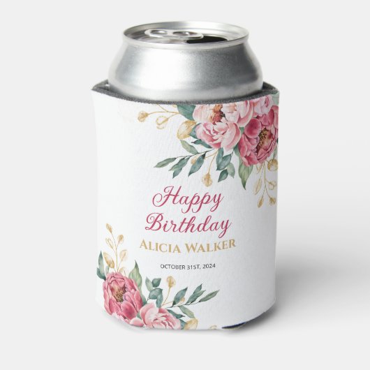 Rosa Pink Peony Gold Leaf Grüne Geburtstag Dosenkühler (Kanne Rückseite)