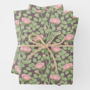 Rosa 'Pink Roses' auf dunkler Pflaume Geschenkpapier Set