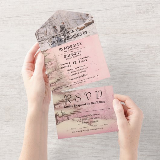 Rosa Pink Winter Schneegebiet Pine Tree Weihnachts All In One Einladung (Abreißen)