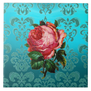 ROSA PINKFARBEN AUF BLAUEM DAMAST Blumen Fliese