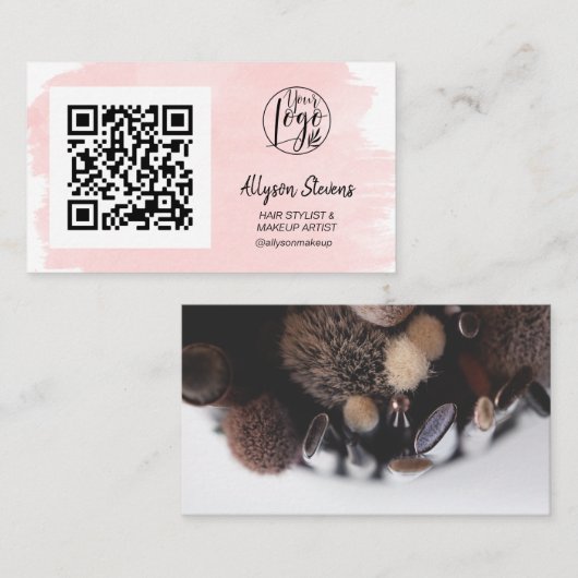 Rosa Pinselstrich Haarschminke Foto qr Logo Visitenkarte (Vorne/Hinten)