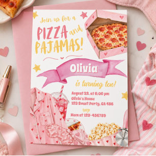 Rosa Pizza und Pyjama Mädchen-Schlafpärty Geburtst Einladung
