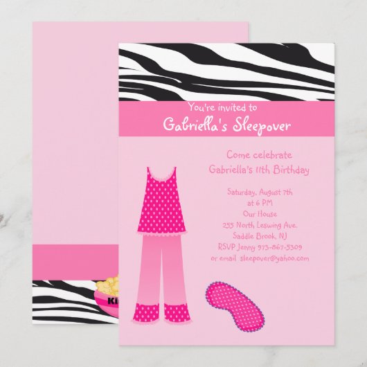 Rosa PJs / Zebra Sleepover Geburtstag Einladung (Vorne/Hinten)
