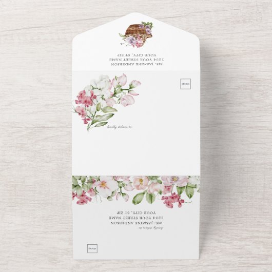 Rosa Platterbsen und Rose Hochzeit All In One Einladung (Außenbereich)