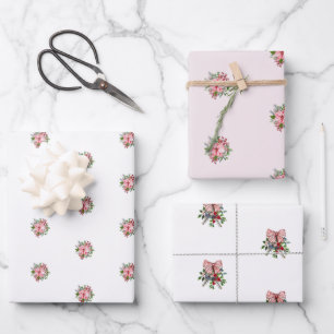 Rosa Poinsettien-Blumenstrauß Stechpalme und Beere Geschenkpapier Set