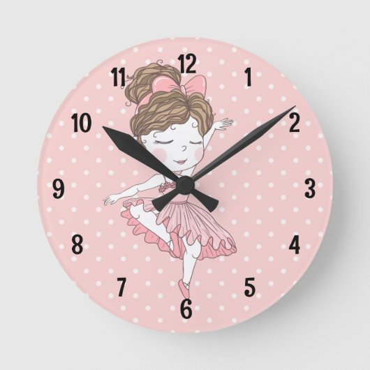 Rosa Polka dot ballerina Runde Wanduhr (Vorderseite)