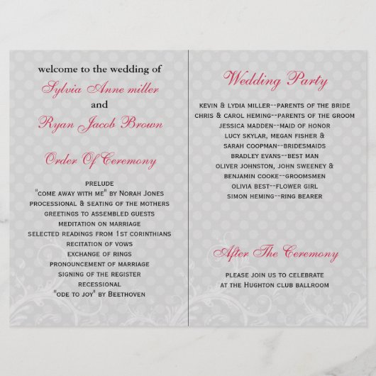 Rosa Polka dots Blumenbuch Hochzeitsprogramm (Rückseite)