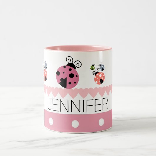 Rosa Polka-Punkt-Herz-Marienkäfer-individueller Zweifarbige Tasse (Mittel)