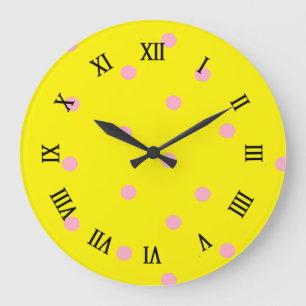 Rosa Polka-Punkte auf Gelb Große Wanduhr