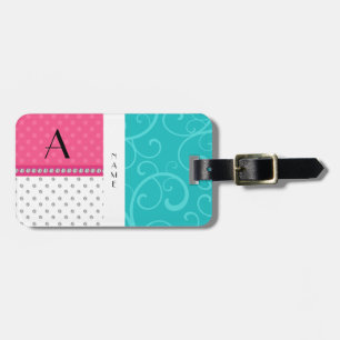 Rosa Polkapunkte des Namensmonogrammtürkis-Wirbel Gepäckanhänger