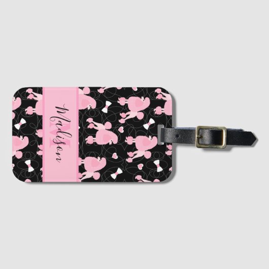 rosa Poodles und Bows Muster Schwarzer Name Monogr Gepäckanhänger (Vorderseite (Horizontal))