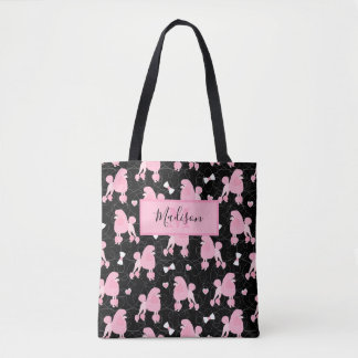 rosa Poodles und Bows Muster Schwarzer Name Monogr Tasche