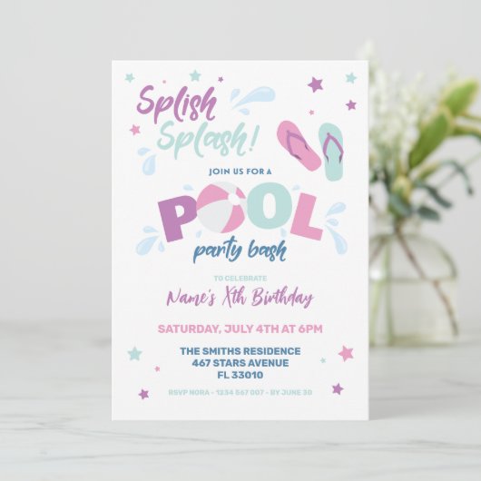 Rosa Pool-Party Einladung (Stehend Vorderseite)