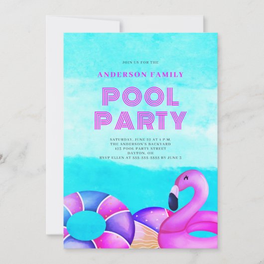 Rosa Pool-Party Einladung (Vorderseite)