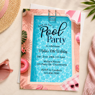 Rosa Poolparty-Geburtstag Sommer-Schwimmparty Einladung