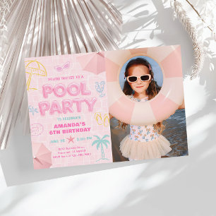 Rosa Poolparty-Jahres-Geburtstagsfoto für Mädchen Einladung