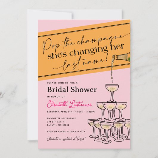 Rosa Pop, Champagner Tower Brautparty Einladung (Vorderseite)