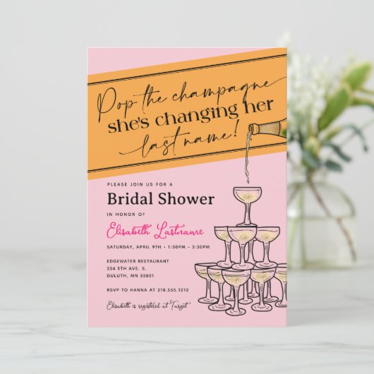 Rosa Pop, Champagner Tower Brautparty Einladung (Stehend Vorderseite)