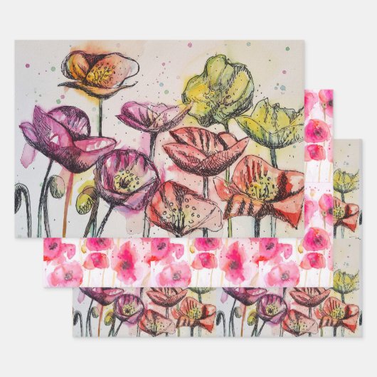 Rosa Poppy Blume Blumenmohn Wasserfarben Geschenkpapier Set (Set)