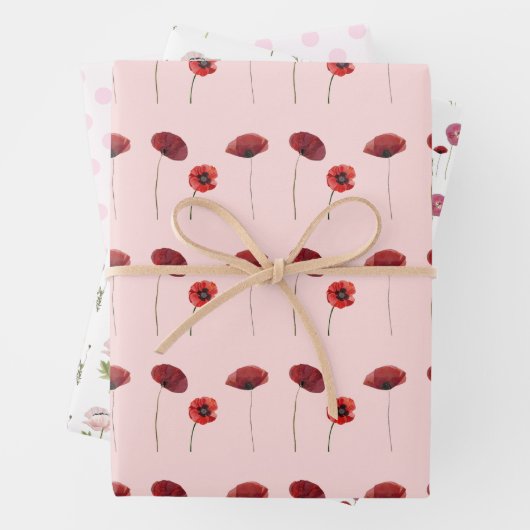 Rosa Poppy Blume und rosa Polka Dots Muster Geschenkpapier Set (Beispiel)