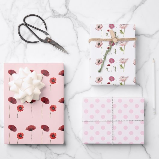 Rosa Poppy Blume und rosa Polka Dots Muster Geschenkpapier Set (Vorderseite)