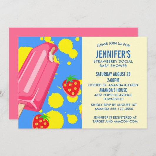 Rosa Popsicle Strawberry Social Baby Shoounter Einladung (Vorne/Hinten)