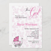 Rosa Pram-Babyparty Invitationas Einladung (Vorne/Hinten)