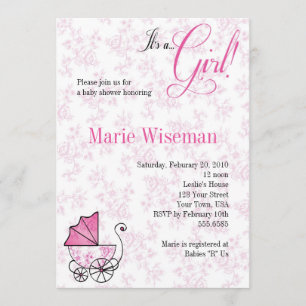 Rosa Pram-Babyparty Invitationas Einladung
