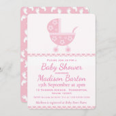 Rosa Pram-niedliche Mädchen-Baby-Dusche Einladung (Vorne/Hinten)