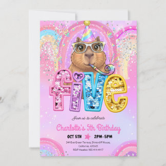 Rosa Preppy Capybara 5. Geburtstag Einladung