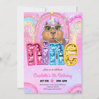 Rosa Preppy Capybara 9. Geburtstag Einladung