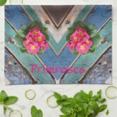 Rosa Primroses Rustikales blaues grünes Boatboard Geschirrtuch (Gefaltet)