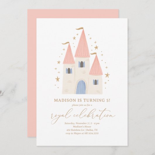 Rosa Princess Burg Girl del Malcantone Einladung (Vorne/Hinten)